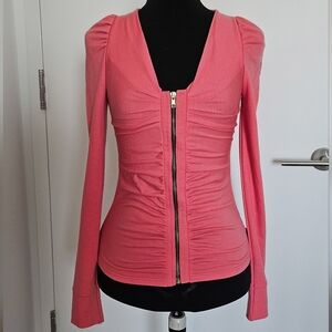 D.i.a Gyaru Coral Bright Pink Ruched Front Long Sleeve Cardigan Top With Zipper